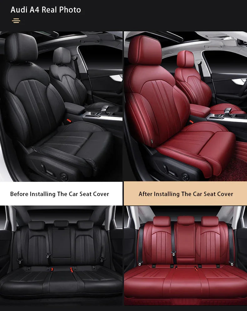Audi A4 car interior before and after installing red leather seat covers on front and rear seats
