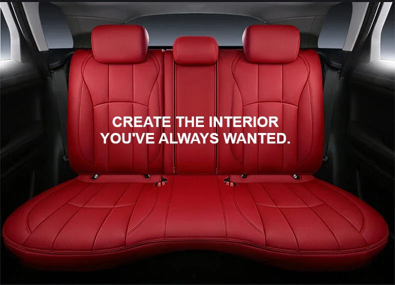 Luxury red custom car seat covers with 'Create the interior you've always wanted' text