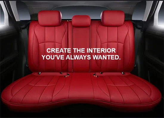 Luxury red custom car seat covers with 'Create the interior you've always wanted' text