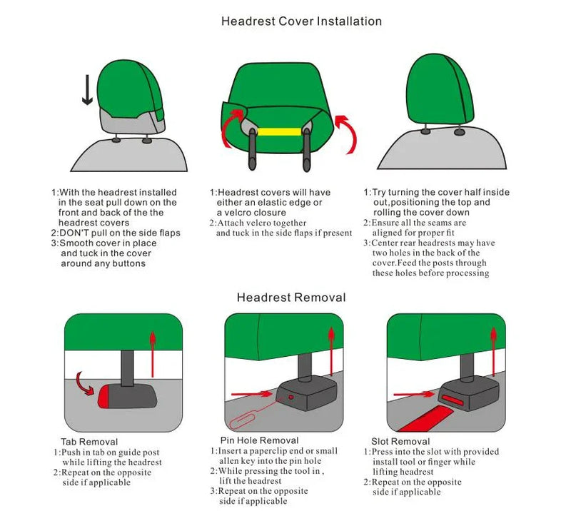 Headrest cover installation and removal instructions for custom luxury car seat covers, with diagrams.