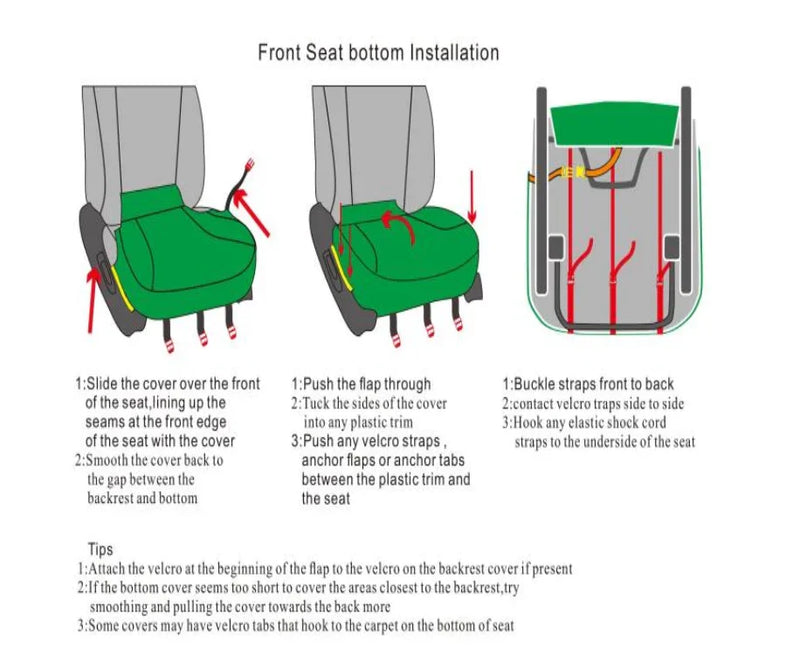 Front seat bottom installation guide for custom luxury car seat covers with step-by-step diagrams.
