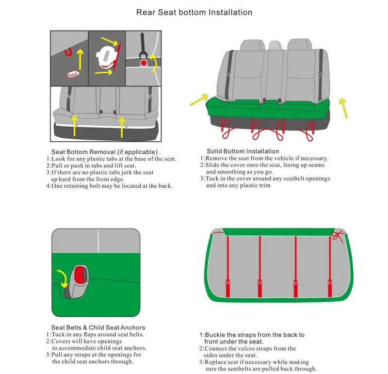 Rear seat bottom installation guide for custom car seat covers, showing step-by-step illustrated instructions from Signature Seat Covers.