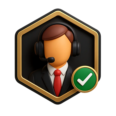 3D icon of customer support agent with headset and checkmark, Signature Seat Covers branding