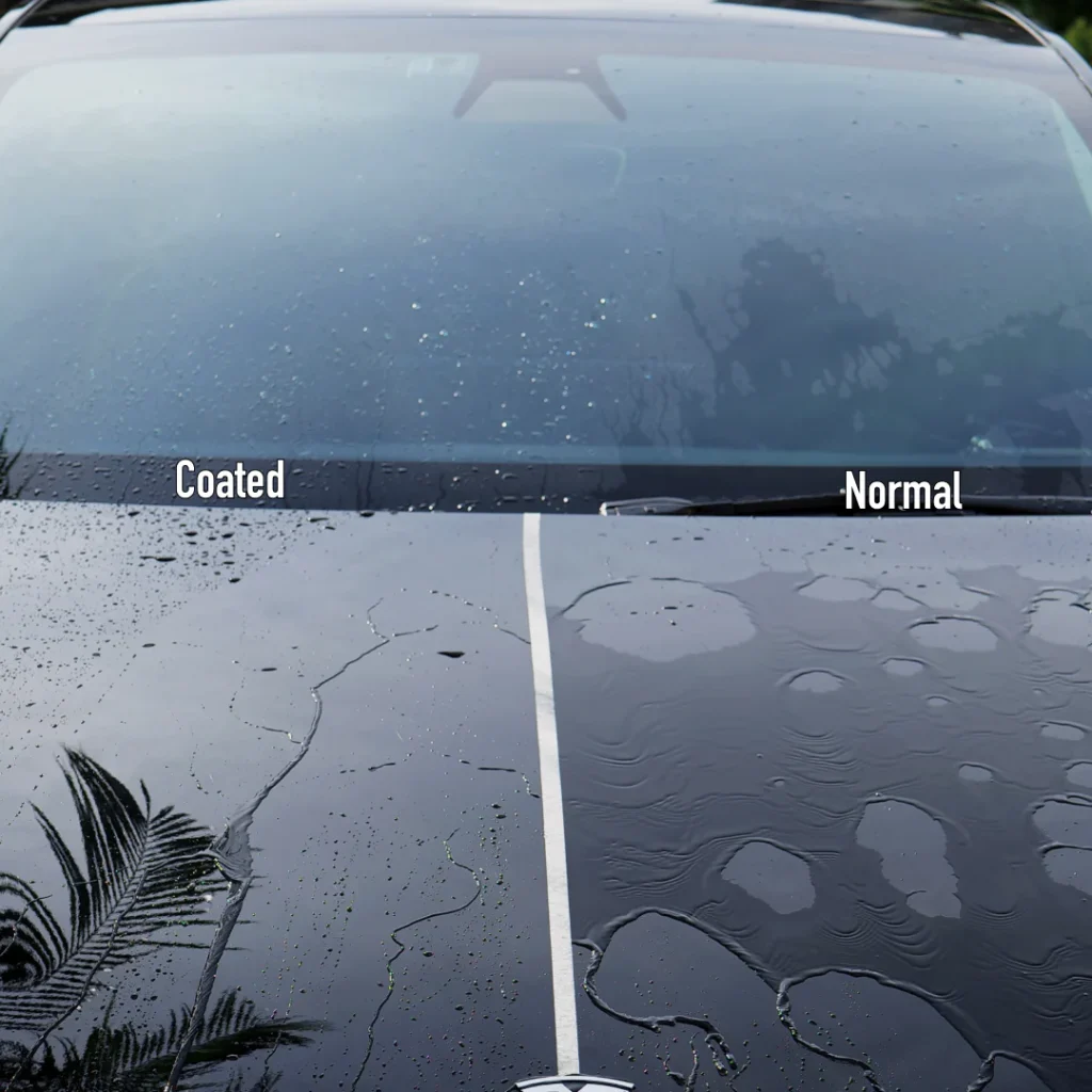 Ceramic coated windshield showing strong water beading compared to untreated surface