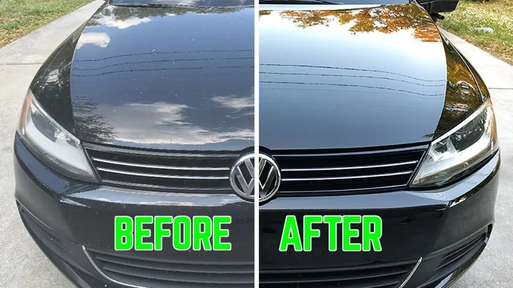 Black car before and after ceramic coating with improved shine and paint protection
