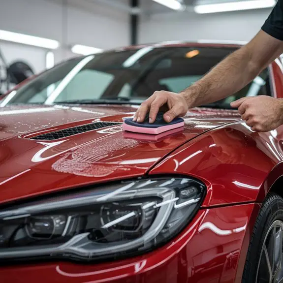 Technician performing clay bar treatment on red car during paint decontamination service