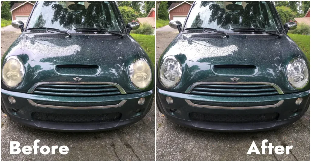 Yellowed Mini Cooper headlights before and after restoration service