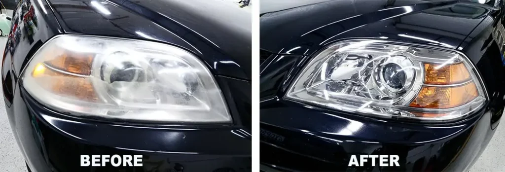 Faded car headlight before and after headlight restoration treatment