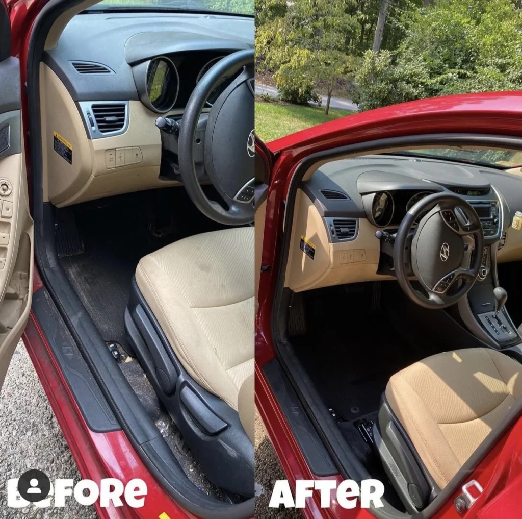 Professional interior car detailing in Orleans removing dirt and salt buildup from driver seat and dashboard area.