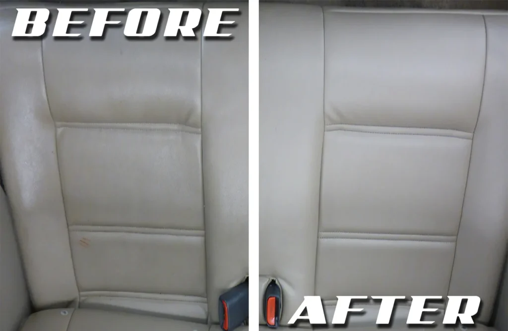 White perforated leather seat before and after professional leather restoration treatment