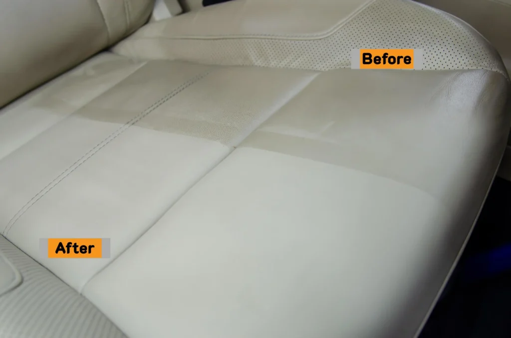 White leather car seat before and after deep cleaning and stain removal