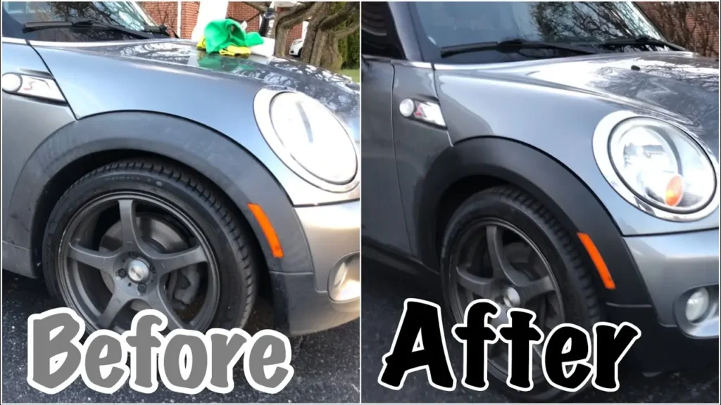 Wheel arch trim before and after plastic restoration treatment on gray vehicle