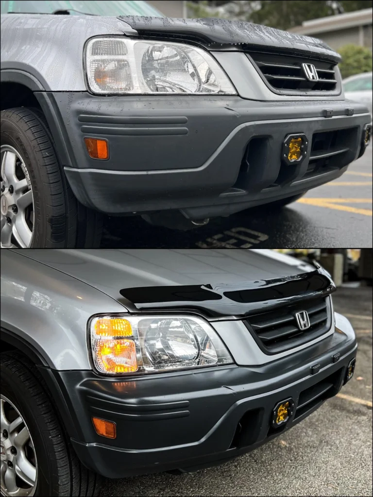 Oxidized SUV bumper before and after plastic trim restoration in Orleans