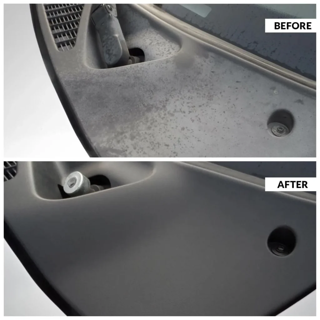 Faded exterior plastic trim before and after professional trim restoration service