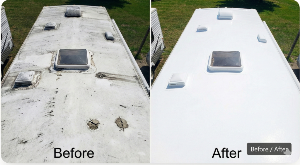 Before and after RV Exterior & Roof Cleaning showing removal of oxidation, stains, and roof buildup