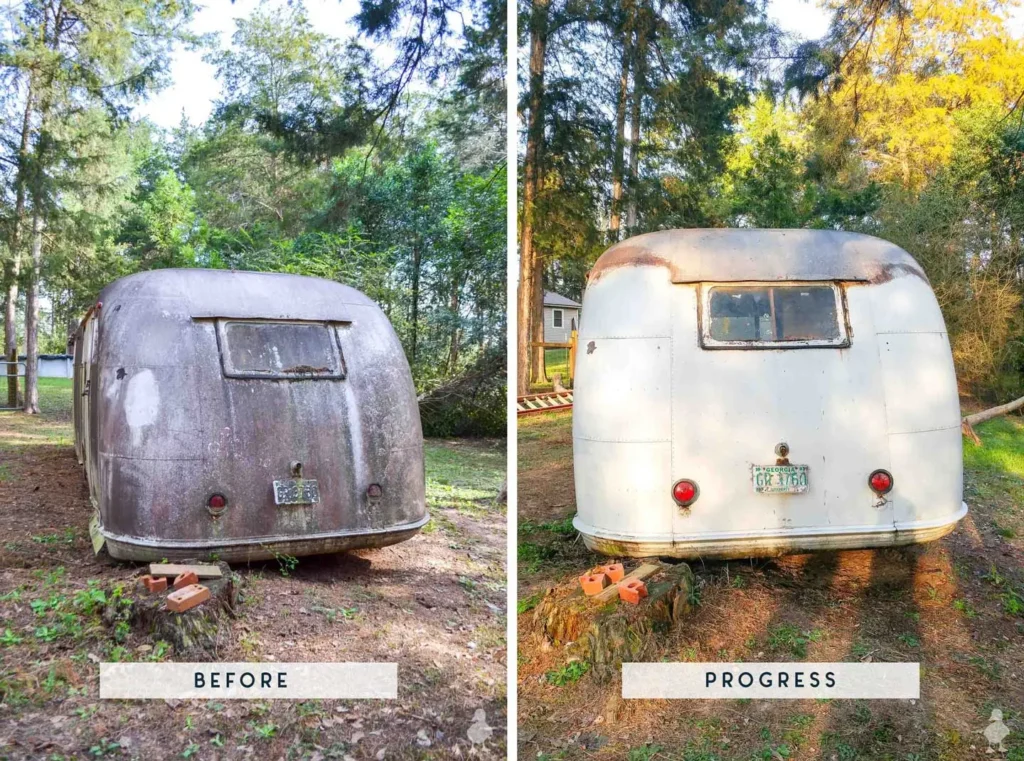 RV Exterior & Roof Cleaning restoring oxidation and discoloration on vintage camper exterior