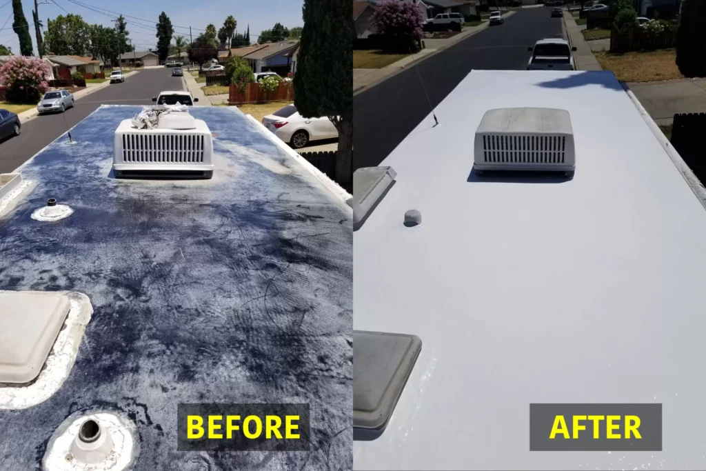 RV Interior Detailing before and after roof deep cleaning and restoration