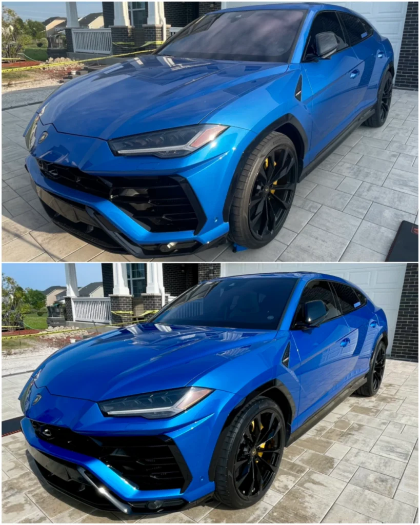 Before and after exterior car detailing in Orleans showing restored gloss and deep paint shine on blue SUV.